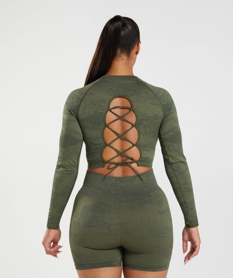 Koszulki Gymshark Adapt Camo Seamless Koronkowe Up Back Top Damskie Oliwkowe | PL 578WHD